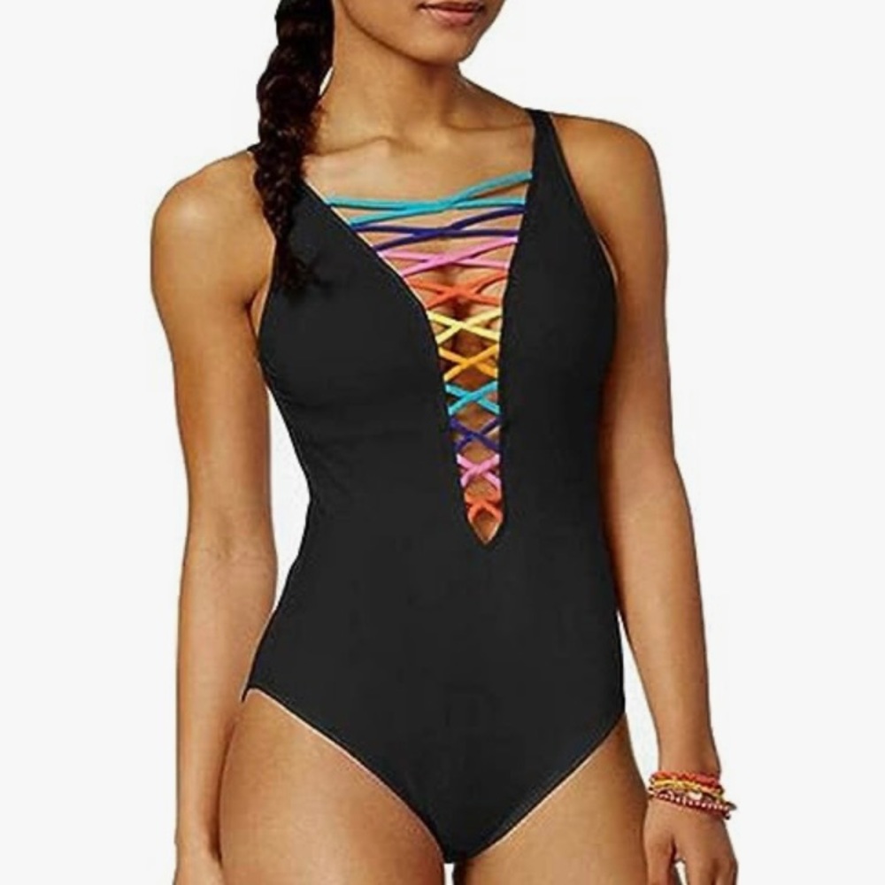 Black deep v one piece swimsuit with rainbow lattice size XL